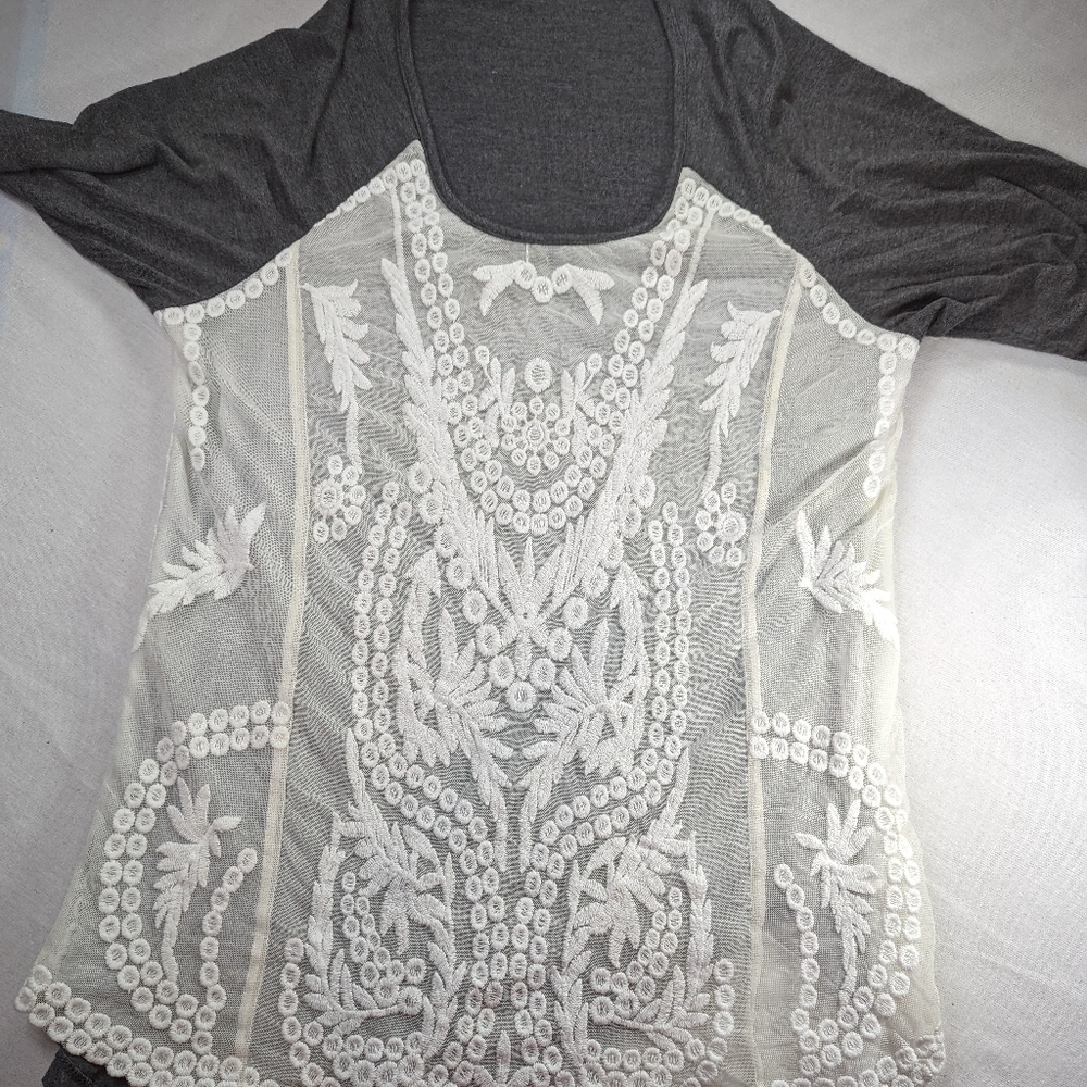 Venus Grey Long Sleeve Blouse with Off White Lace Overlay Medium